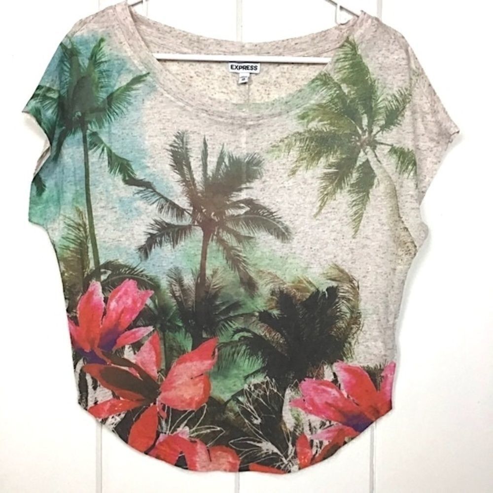 Express Beige Linen Palm Trees Floral Tee XS‎